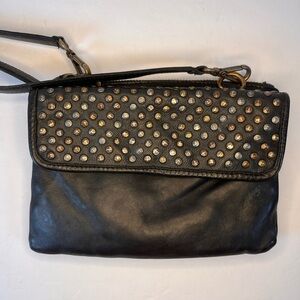 Platania Italian Leather Studded Crossbody Purse Black‎ Soft Shoulder Bag.